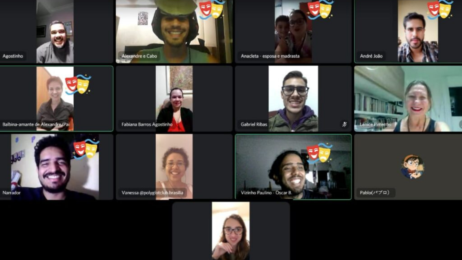 Encontro virtual do Clube Poliglota Brasil por videochamada, com vários participantes