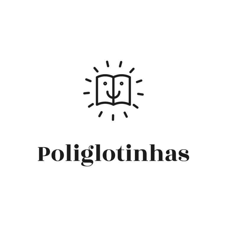 Logotipo do projeto Poliglotinhas: um livro aberto sorridente irradiando raios