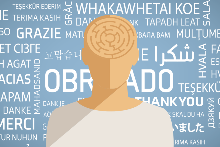 Nuca de uma pessoa com um labirinto no lugar do cérebro, cercada pela palavra obrigado em vários idiomas