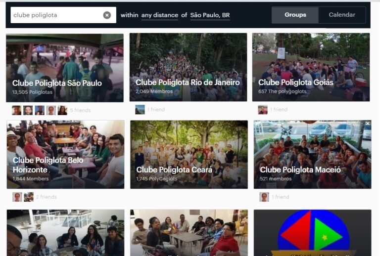 Busca por “clube poliglota” no site Meetup, com os clubes de São Paulo, Rio, Goiás, BH, Ceará e Maceió