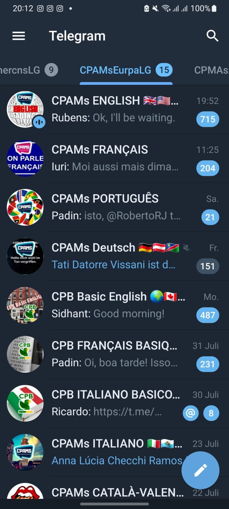 Lista de grupos do CPB e do CPAMs no Telegram, cada um com a bandeira do idioma correspondente
